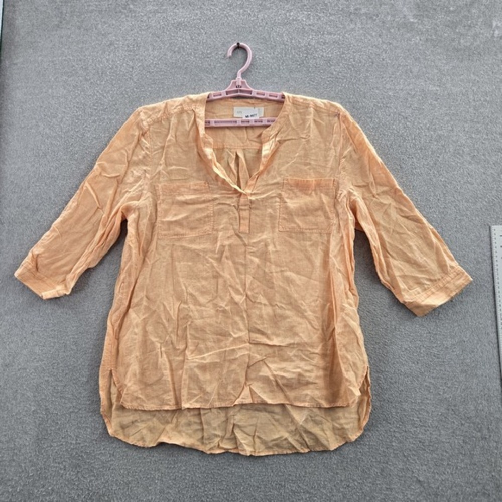 Chico's Women Blouse 3 Peach Linen V-Neck Pullover 3/4 Sleeve Popover